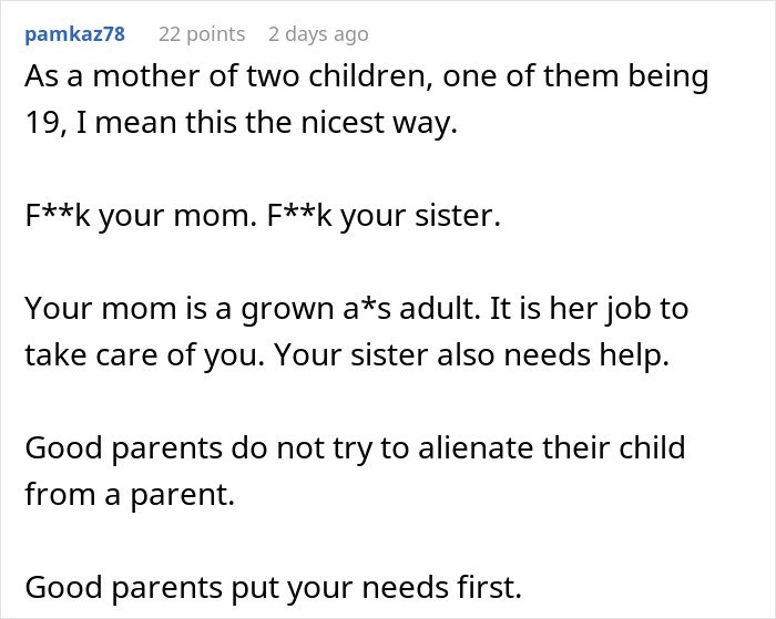 Comment expressing frustration with a mom who blames daughter for picking dad in the divorce and refuses involvement.