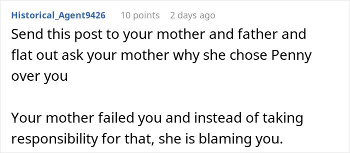 Screenshot of an online comment discussing a mom blaming her daughter for picking dad during divorce and avoiding involvement.
