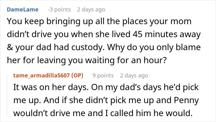 Text conversation showing a daughter explaining custody pick-up arrangements amid a divorce conflict with her mom.