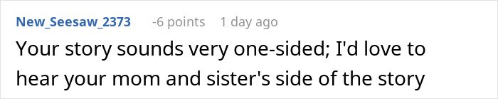 Screenshot of an online comment discussing a one-sided story about a mom blaming her daughter for picking dad in the divorce.