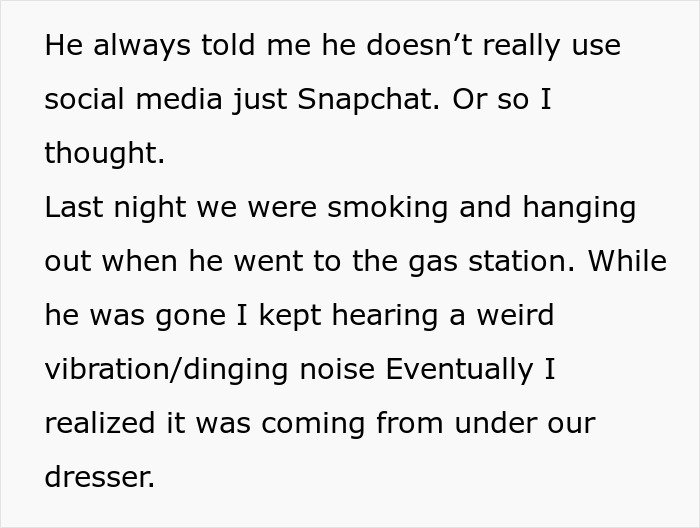 Text message revealing a woman discovering her boyfriend is an internet troll and she was one of his victims.