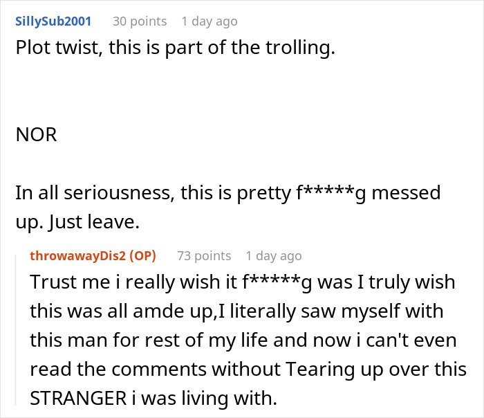Conversation between users discussing a woman discovering her boyfriend is an internet troll and she was a victim.