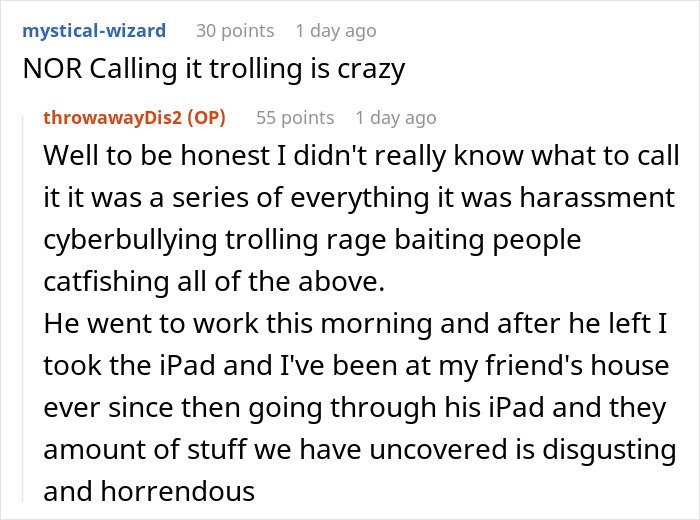 Reddit conversation revealing discovery that boyfriend is an internet troll who victimized his partner.