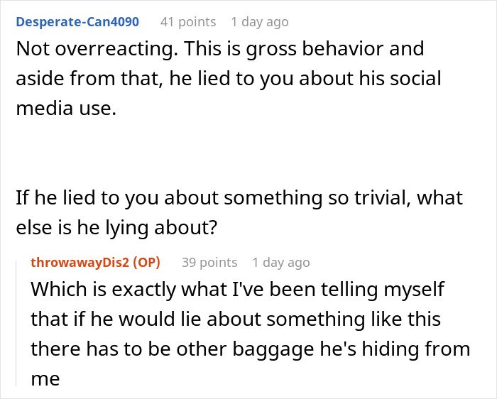 Comments discussing betrayal and lies about social media use, revealing internet troll behavior and victim impact.