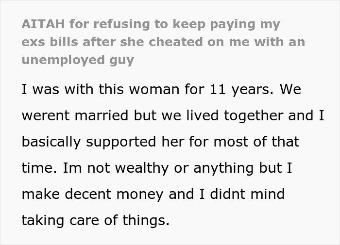 Screenshot of text discussing an unemployed woman cheating on her boyfriend with a jobless man and asking her ex to fund her life.