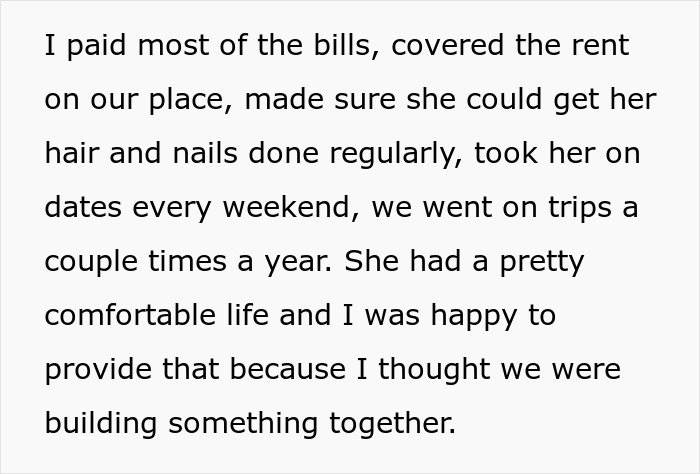 Text describing a man paying bills and supporting an unemployed woman’s lifestyle while building their relationship.