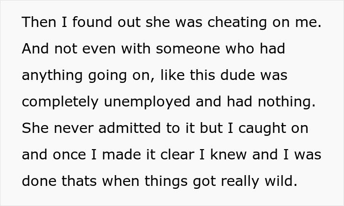 Text excerpt revealing how an unemployed woman cheats on her boyfriend with a jobless man and the aftermath.