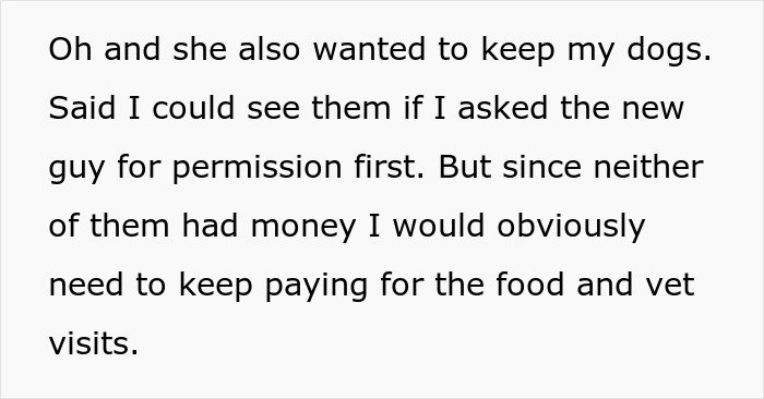 Text excerpt from an unemployed woman who cheats on her boyfriend with a jobless man and asks her ex to fund her life.
