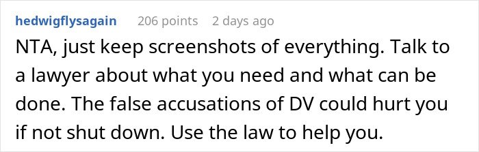 Comment advising to keep screenshots, consult a lawyer, and use the law against false accusations in an unemployed woman cheating case.
