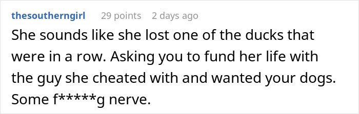 Comment discussing an unemployed woman who cheats on her boyfriend with a jobless man and asks her ex to fund her life.