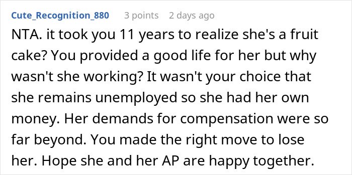 Comment discussing an unemployed woman cheating on her boyfriend with a jobless man and asking her ex to fund her life.