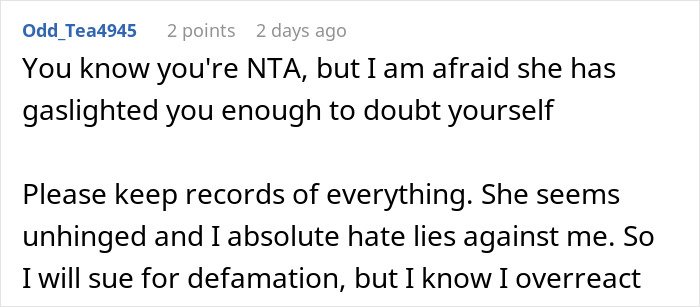 Screenshot of a Reddit comment discussing gaslighting and defamation related to unemployed woman cheating with a jobless man.