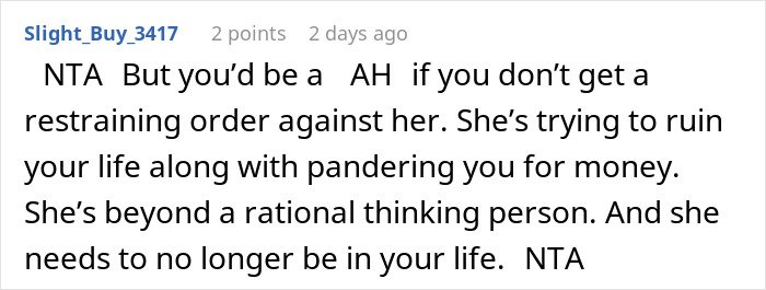 Comment text discussing an unemployed woman cheating on boyfriend with a jobless man and asking ex to fund her life.