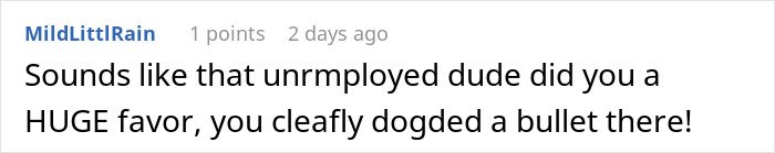 Comment text discussing a story about an unemployed woman cheating on her boyfriend with a jobless man.