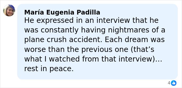 Comment by Mar&iacute;a Eugenia Padilla about a famous singer&rsquo;s chilling final post and plane crash nightmares before tragic death.