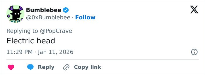Tweet from Bumblebee with text Electric head, posted January 11, 2026, referencing Elle Fanning’s Golden Globes look.