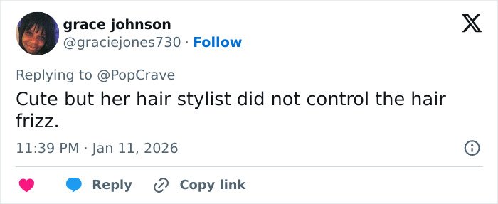 Tweet by grace johnson commenting on Elle Fanning’s Electric Head Golden Globes look and hair stylist controlling frizz.