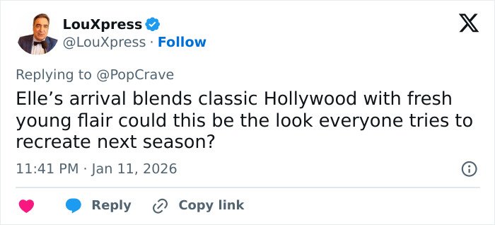 Tweet from LouXpress discussing Elle Fanning’s Electric Head Golden Globes look blending classic Hollywood with fresh flair.