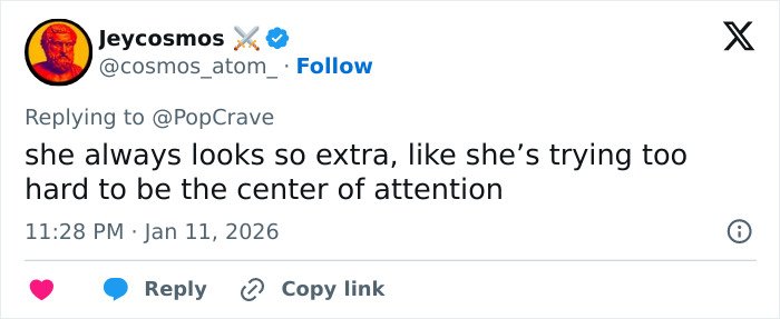 Social media comment reacting to Elle Fanning’s Electric Head Golden Globes look, calling it extra and attention-seeking.