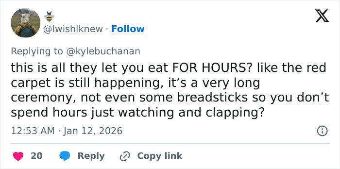 Fan questions Golden Globes food portions during long ceremony with DoorDash order option highlighted.