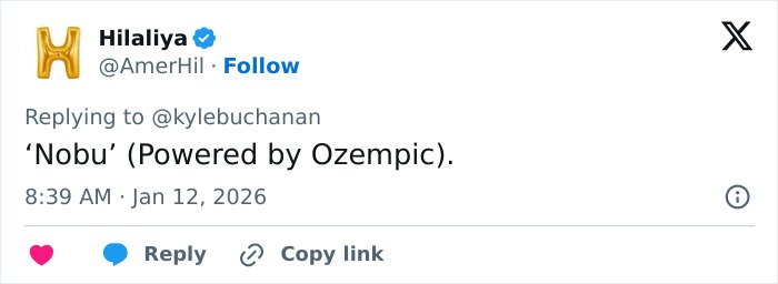 Tweet from Hilaliya revealing Nobu as Golden Globes food that fans can order on DoorDash, surprising many viewers.