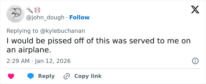 Twitter user commenting on Golden Globes food, expressing frustration about the dish being served on an airplane.