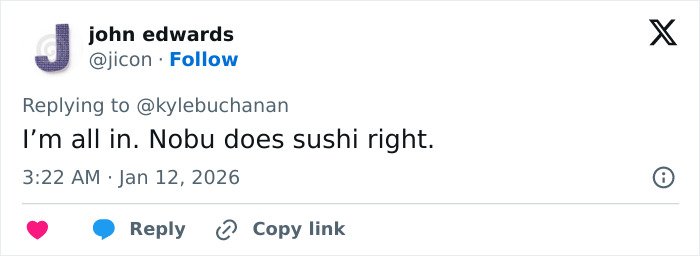 Tweet showing a user praising Nobu sushi, related to Golden Globes food available to order on DoorDash.