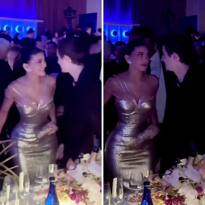 Timothée Chalamet and Kylie Jenner in a tense moment at a crowded Golden Globes event, revealing lip reader insights.