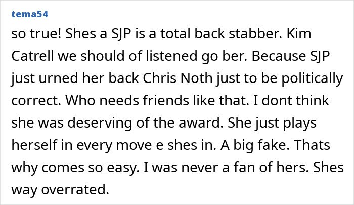 Comment section post criticizing Sarah Jessica Parker and referencing Chris Noth&rsquo;s bold comment after her acting honor.