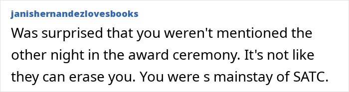 Text post from janishernandezlovesbooks expressing surprise Chris Noth wasn&rsquo;t mentioned at the award ceremony for SATC.