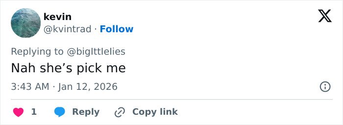 Screenshot of a tweet by user kevin replying to biglittlelies with the comment Nah she’s pick me.