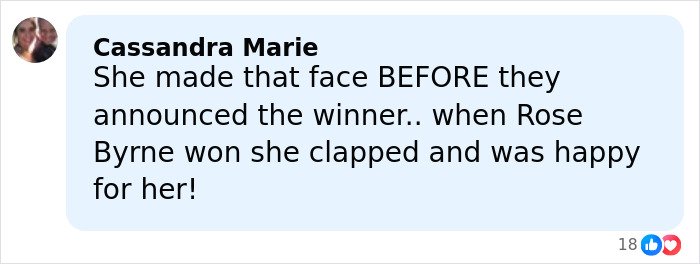 Comment from Cassandra Marie discussing Amanda Seyfried’s reaction as a terrible loser at the Golden Globes split netizens.