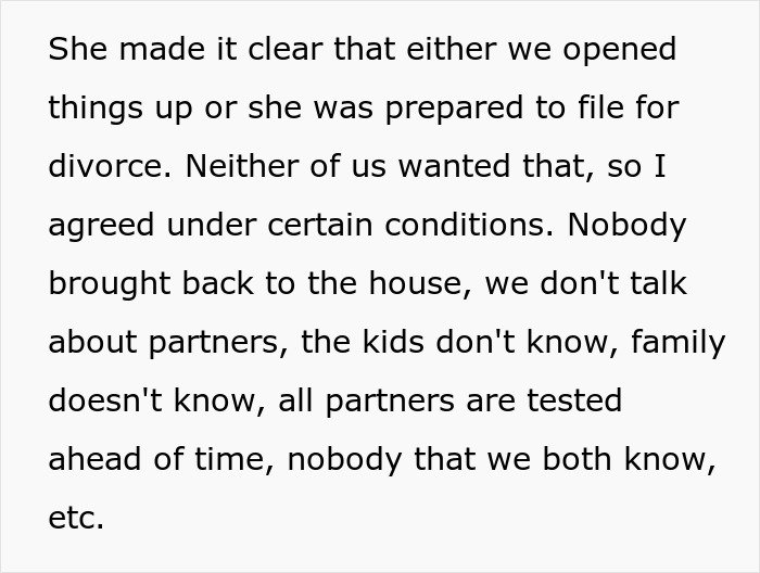 Text excerpt discussing conditions of an open marriage where the wife makes husband agree to reconnect with her ex.