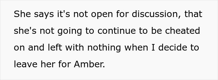 Text excerpt showing a wife confronting her husband about cheating, linked to open marriage permission and reconnecting with an ex.