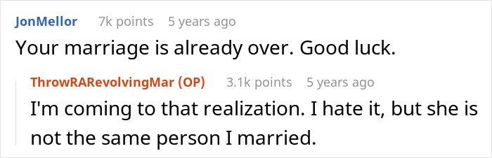Screenshot of a discussion about marriage, with comments on an open marriage and reconnecting with an ex.