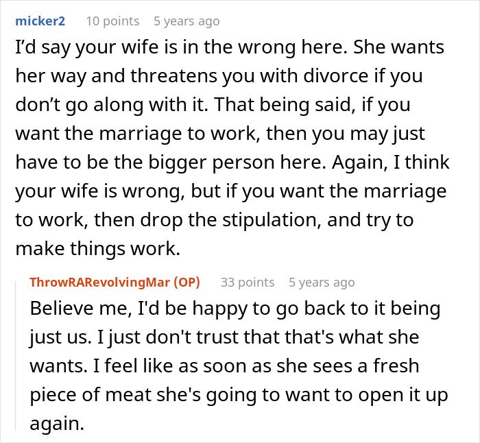 Alt text: Reddit comments discussing a wife making husband agree to an open marriage to reconnect with her ex.