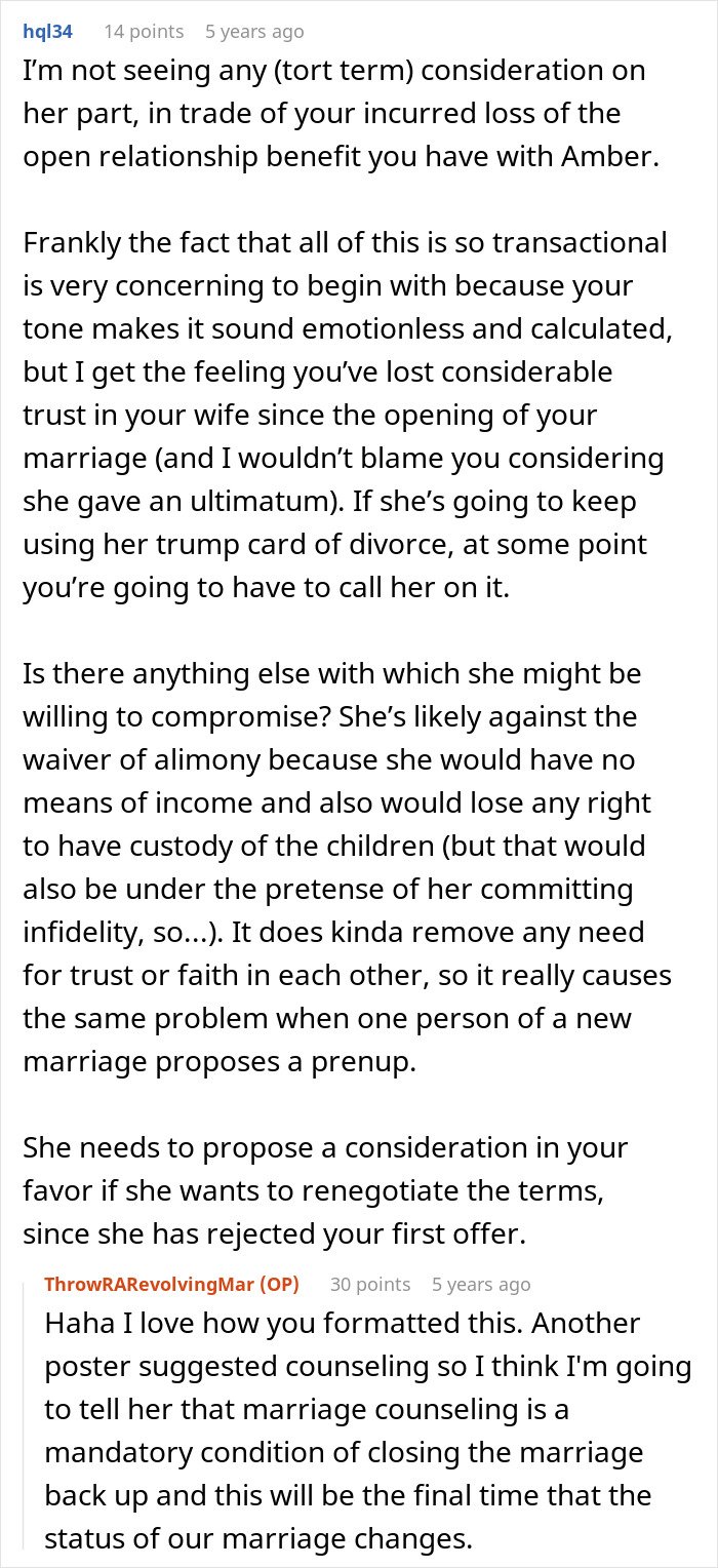 Reddit discussion about wife making husband agree to open marriage to reconnect with her ex and trust issues.