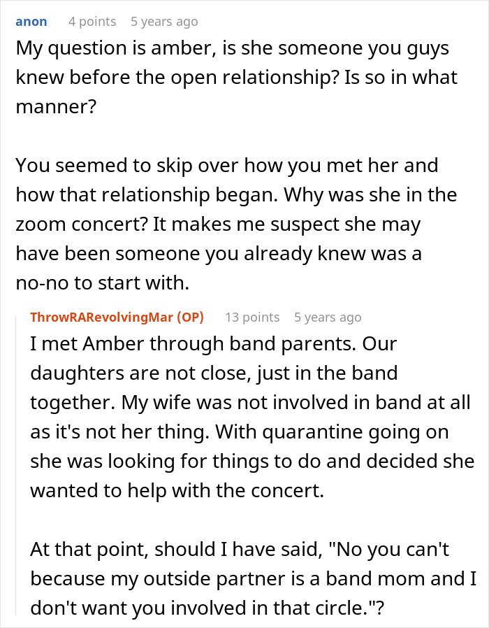 Text conversation about wife making husband agree to an open marriage to reconnect with her ex and related relationship concerns.