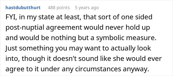 Comment discussing the legality and enforceability of one-sided post-nuptial agreements in an online forum.