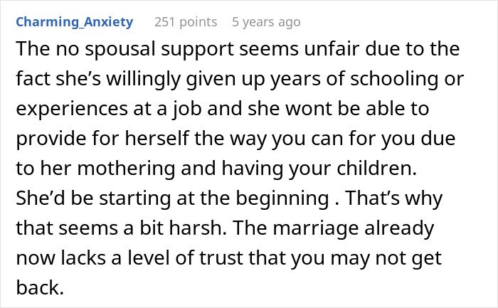 Text post discussing unfairness of no spousal support and trust issues in marriage after wife agrees to an open marriage.