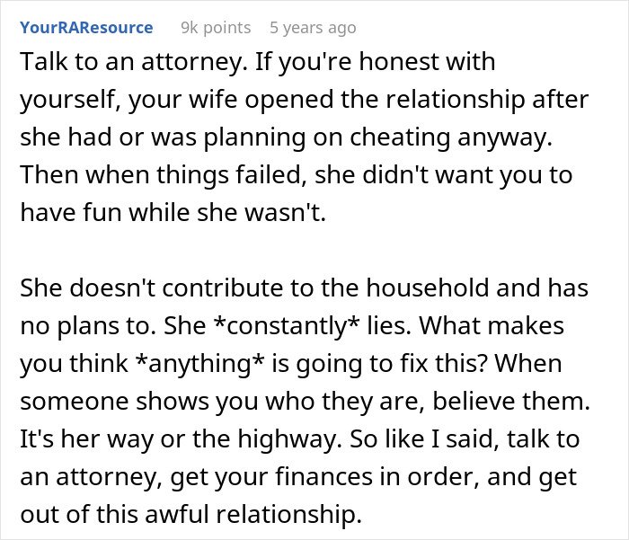 Text advice about wife making husband agree to an open marriage with trust issues and relationship problems.