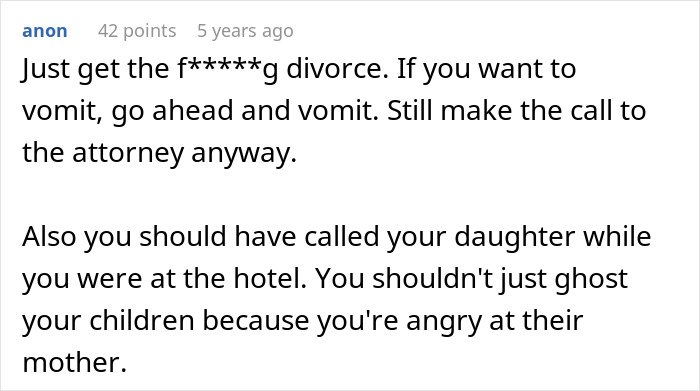 Text comment advising to get a divorce and not ghost children, discussing open marriage and reconnecting with ex.