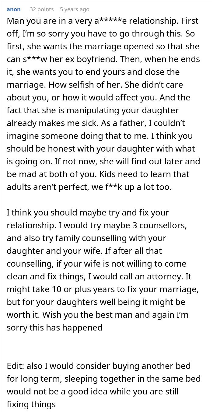 Screenshot of an online comment discussing the challenges of an open marriage and reconnecting with an ex partner.