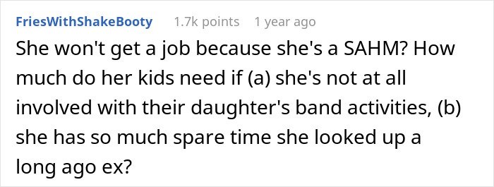 Screenshot of a Reddit comment discussing a wife making her husband agree to an open marriage to reconnect with her ex.