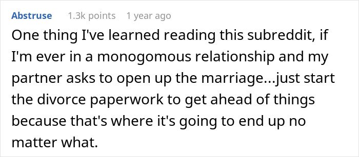Comment text discussing advice on opening a marriage and the likely outcome of divorce in monogamous relationships.