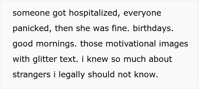 Text excerpt from a random family group chat showing emotional investment and personal updates over seven months.