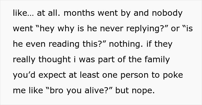 Text excerpt from a story about a guy added to a random family group chat who spends months feeling emotionally invested.