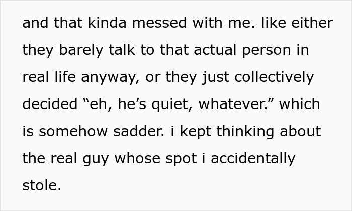 Text message excerpt about emotional impact after a guy gets added to a random family group chat.