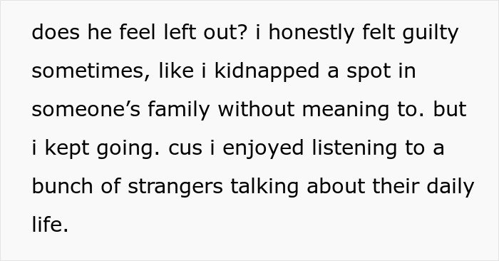 Text excerpt about a guy feeling guilty but enjoying being added to a random family group chat.