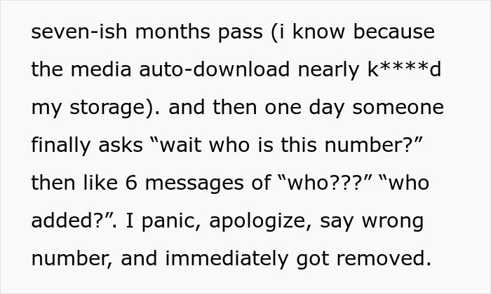 Text excerpt describing someone spending seven months emotionally invested after being added to a random family group chat.
